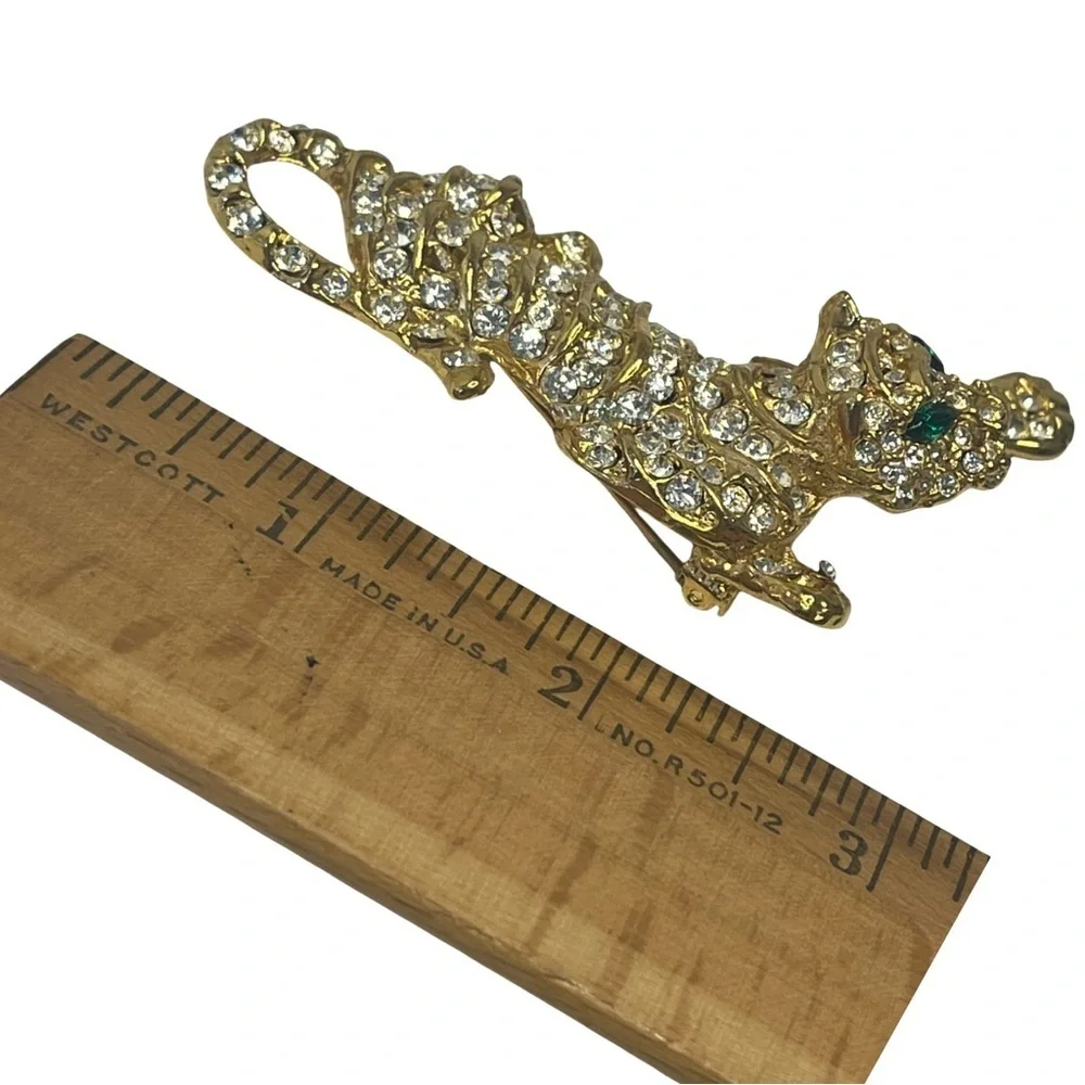 Gold Crystal Tiger Brooch Emerald Eyes Statement Brooch